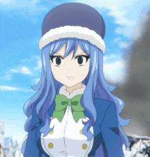 a girl with blue hair wearing a hat and a green bow tie
