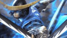a man in a blue and gold outfit is holding a sword