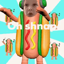 a hot dog with a face on it and the words oh shnap