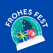 a snow globe with gifts inside and frohes fest written around it