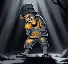 a boy in a bucket hat is holding a lit match in his hand