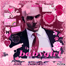 a man in a suit and tie is surrounded by pink stickers including one that says " babygirl "