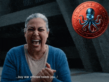 a woman is screaming in front of an octopus coin that says meme sa
