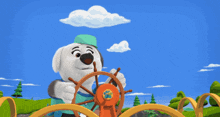 a cartoon dog is driving a boat with a steering wheel that says paw patrol on it