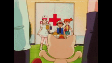 a group of anime characters are standing in front of a red cross