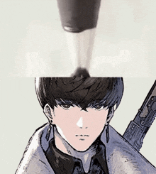 a drawing of a man with a gun on his back