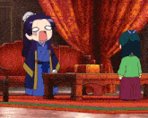 a cartoon of a woman making a funny face standing next to a table