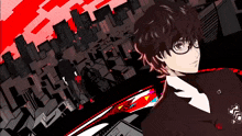 a cartoon character with glasses stands in front of a city