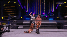 a wrestling match is being shown on a television screen