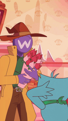 a cartoon of a man holding a bouquet of flowers with a w on his face