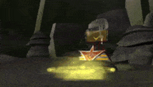 a cartoon character is standing in a dark room with a yellow light coming out of it .