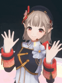 a girl with a microphone on her head is giving a high five