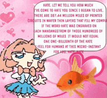 a cartoon girl talking to a fish with a speech bubble that says hate
