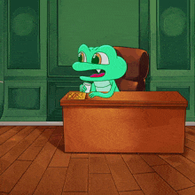a cartoon frog sits at a desk with a sign that says boss on it