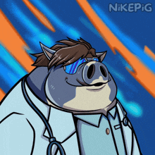 a cartoon drawing of a pig wearing a lab coat and a stethoscope with nikepig written on the bottom