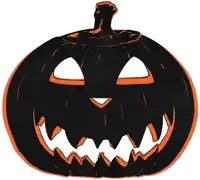 a black and orange halloween pumpkin with a very scary face
