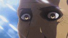 a close up of a person 's face with a blue sky behind them