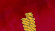 a cartoon character holding stacks of gold coins