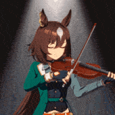 a horse girl is playing a violin in a dark room