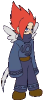a cartoon character with red hair and wings is wearing a blue outfit