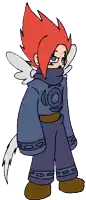 a cartoon character with red hair and wings is wearing a blue outfit