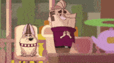 a cartoon drawing of a man and a dog sitting on a chair