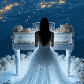 a woman in a white dress is standing in front of a piano with the letters a and b on the keys