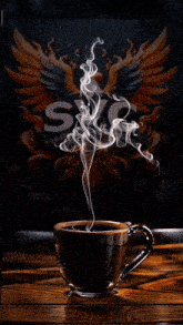 a cup of coffee with smoke coming out of it in front of a poster that says sync