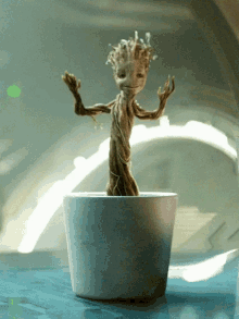 a small tree in a white pot is dancing with its arms outstretched