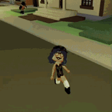 a girl with blue hair is walking down a sidewalk in a video game