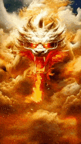 a painting of a dragon with fire coming out of its mouth in the clouds .