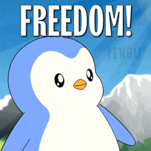 a blue and white penguin is standing in front of a mountain with the words freedom written above it