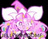 a pink and white cartoon character with the words `` jellyksm oomf '' written on it .