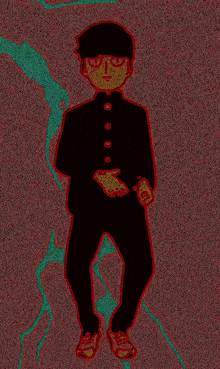 a drawing of a boy in a black suit with red buttons on it