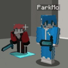 two minecraft characters are standing next to each other and one has a sword in his hand