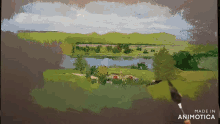 a painting of a lake and trees is made in animatica