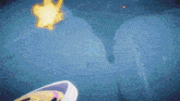 a blue background with a swirl in the middle and a star in the background
