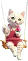 a cat is sitting on a swing with a flower in its hand