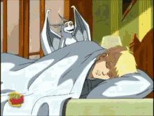 a cartoon of a man sleeping with a dragon on his head