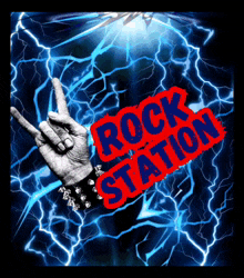 a sign that says rock station with a hand making a horns sign