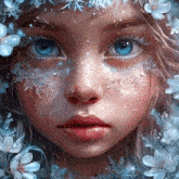 a close up of a girl with blue eyes and snowflakes on her face