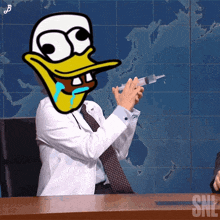 a cartoon duck is holding a syringe in front of a map with the letters snl on the bottom