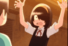 a girl in a black and white outfit with a red bow on her neck
