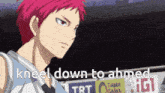 a basketball player with red hair is kneeling down to another player