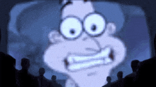a group of people are watching a cartoon on a television