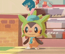a cartoon character wearing a green hat and scarf stands in front of a book that says passport