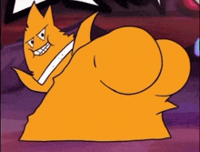 a cartoon cat with a big butt is sitting on a couch .