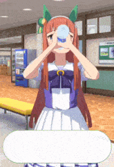 a girl in a purple and white dress is drinking water