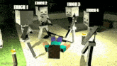 a group of skeletons are attacking a minecraft character on the ground .