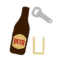 a drawing of a bottle of beer a glass and a bottle opener